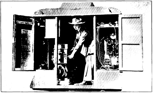 A useful blending of Allied women. Miss Kathleen Burke (Scotch) exhibiting the X-ray ambulance equipped by Mrs. Ayrlon (English) and Madame Curie (French).