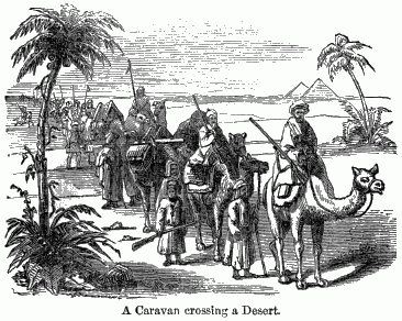 A Caravan crossing a Desert. Armed men on camels and on foot.