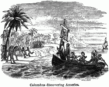 Columbus discovering America. A landing party arriving at shore with natives looking on.
