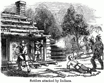Settlers attacked by Indians. A battle in front of a cabin.