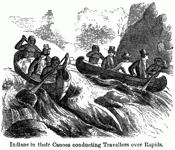 Indians in their Canoes conducting Travellers over Rapids. Two canoes full of dressed-up men and their Indian pilots maneuvering between rocks on a river.