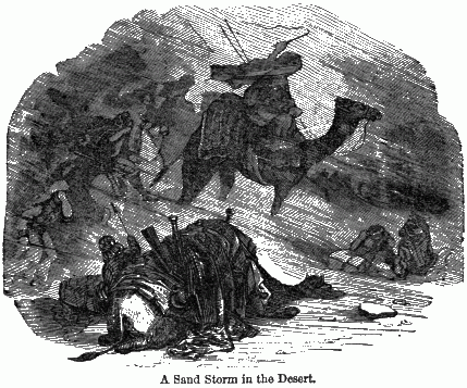 A Sand Storm in the Desert. Many men and camels stuck in a heavy sand storm.
