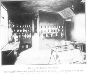 Fig. 7.—Old Kitchen Remodelled. Showing glass shelves and labelled glass jars for all stores. Glass mixing table at left (*remainder cut off).
