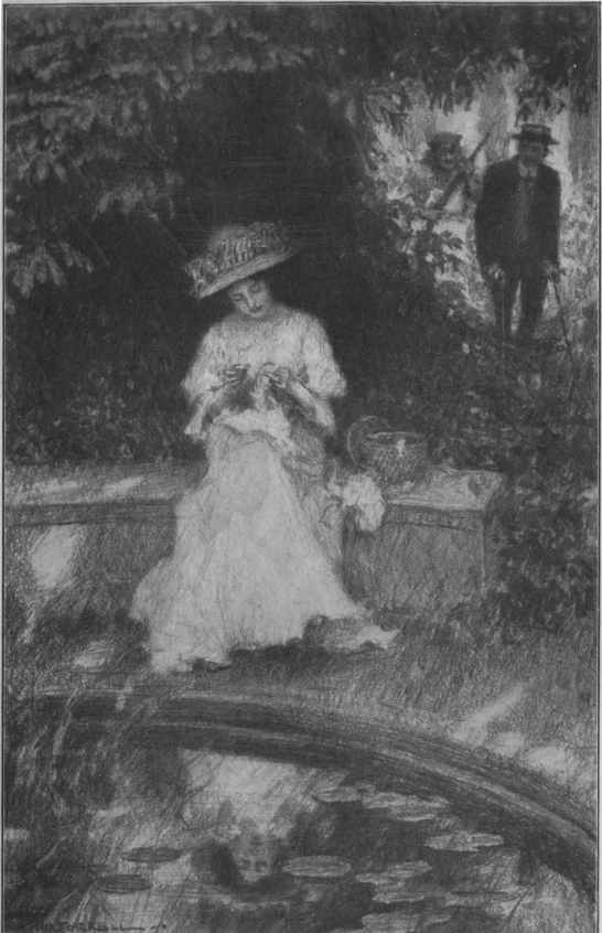 Illustration: MLLE. COIRA O'HARA SAT ALONE UPON THE STONE BENCH