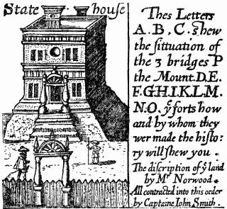 View of the State House and reference as to location of the fort, bridges, etc., shown herewith on Smith's map of 1614. (Fac-simile reproduction.)