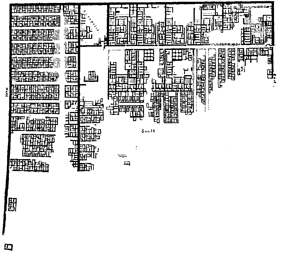 Fig 3.--Plan of three-quarters of the town of Hat-Hotep-Ûsertesen (Kahûn), built for the accommodation of the officials and workmen employed in connection with the pyramid of Ûsertesen II. at Illahûn. The workmen's quarters are principally on the west, and separated from the eastern part of the town by a thick wall. At the south-west corner, outside the town, stood the pyramid temple, and in front of it the porter's lodge. Reproduced from Plate XIV. of Illahûn, Kahun, and Gurob, W.M.F. Petrie.