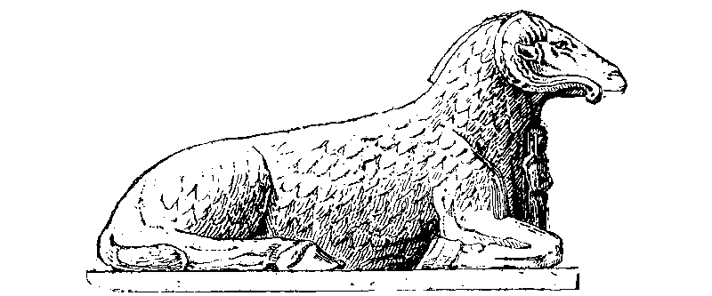Fig 95.--Couchant ram, with statuette of royal founder, restored from the Avenue of Sphinxes at Karnak. 