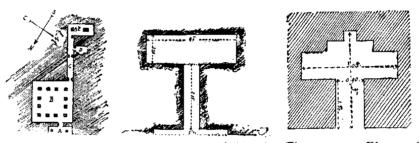 Fig 120, 121, 122. Plan of chapel in mastaba of Ti, Fifth Dynasty. Plan of chapel in mastaba of Shepsesptah, Fourth Dynasty. Plan of chapel in mastaba of Affi, Sakkarah, Fourth Dynasty.