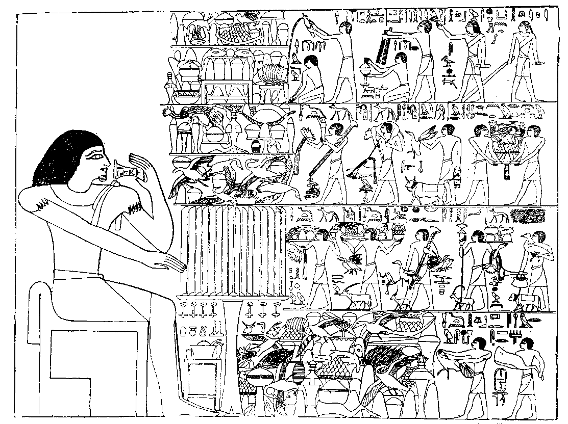 Fig 127.--Wall scene of funerary offerings, from mastaba of Ptahhotep, Fifth Dynasty. 