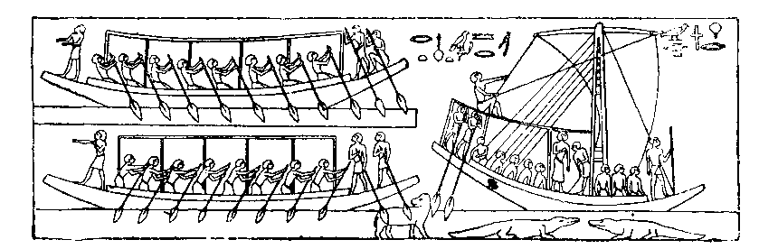 Fig 128.--Wall-painting, funeral voyage; mastaba of Urkhuû, Gizeh, Fourth Dynasty. 