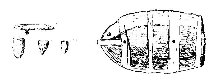 Fig 257.--Tops, tip-cat, and a terra-cotta toy boat, Twelfth Dynasty; Kahun, Gurob, and Hawara, W.M.F. Petrie, Plates VIII., IX., p. 30. 