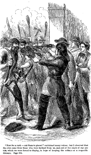 "Now for a rush—cut them to pieces!" exclaimed many voices: but I observed that the cries came from those who were furthest from us and out of the reach of our pistols, which we were forced to display, in hope of keeping the robbers at a respectful distance.