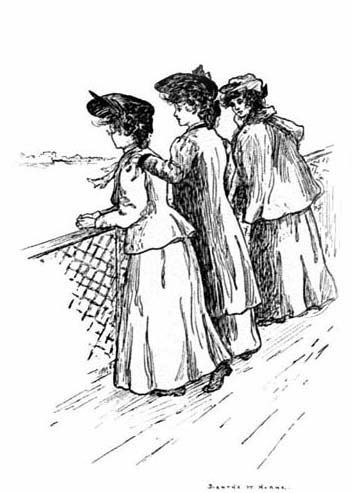 THREE PRETTY COLLEGE GIRLS LEANED OVER THE RAILING OF THE UPPER DECK. THREE PRETTY COLLEGE GIRLS LEANED OVER THE RAILING OF THE UPPER DECK.