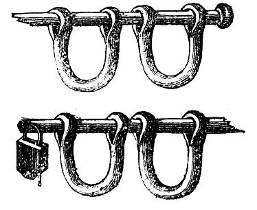 Fetters formerly used by the slave traders, to confine the ankles of their victims. The editor has seen some that were actually used by Rhode Island traders. Fetters formerly used by the slave traders, to confine the ankles of their victims. The editor has seen some that were actually used by Rhode Island traders.