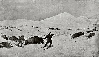 INDIANS ON SNOW-SHOES HUNTING BUFFALOES.