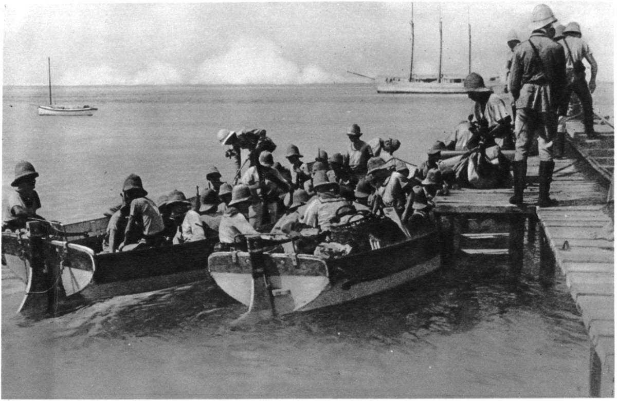 BEFORE THEY ESCAPED IN "A LEAKING SHIP": THE "EMDEN'S" LANDING-PARTY, WHO SAW THEIR SHIP DESTROYED (ON COCOS ISLANDS).