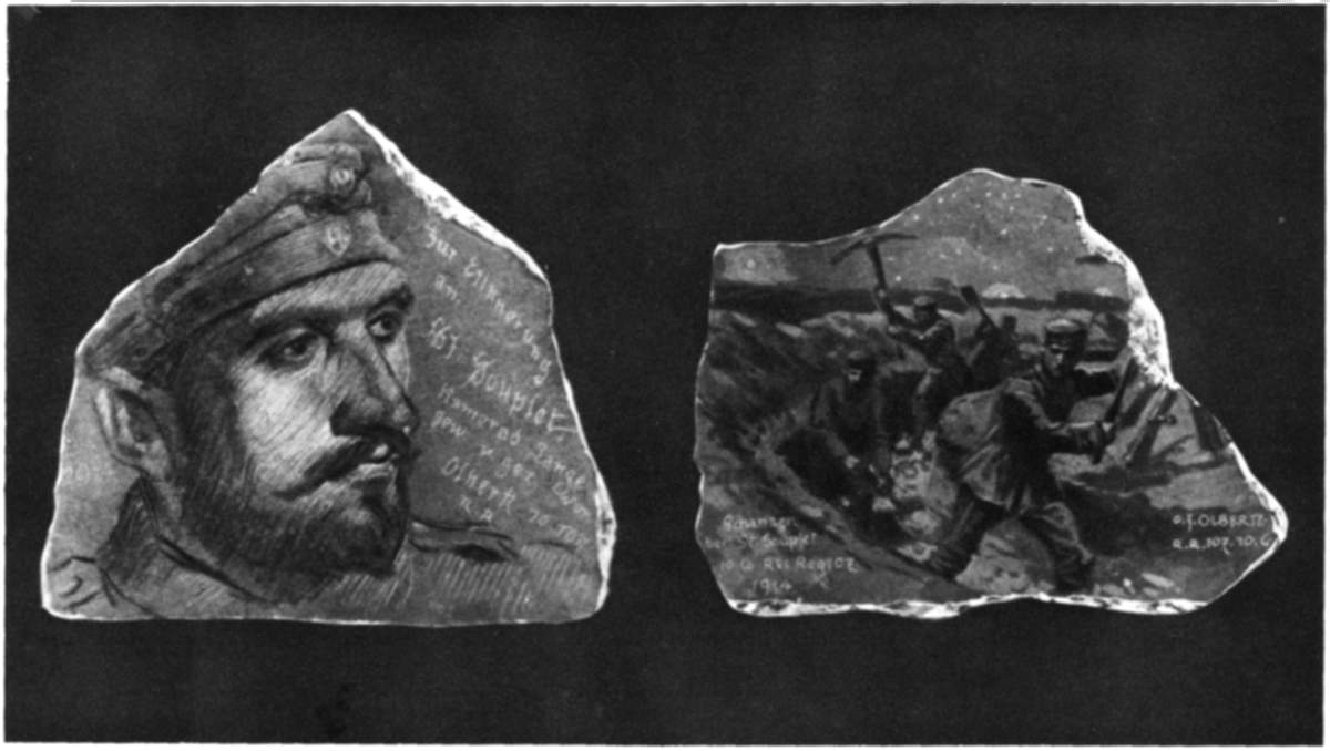 THE ENEMY AS PORTRAYED BY HIMSELF ON CHALK: THE GERMAN SOLDIER-CAVEMAN AS ARTIST IN THE AISNE QUARRIES.