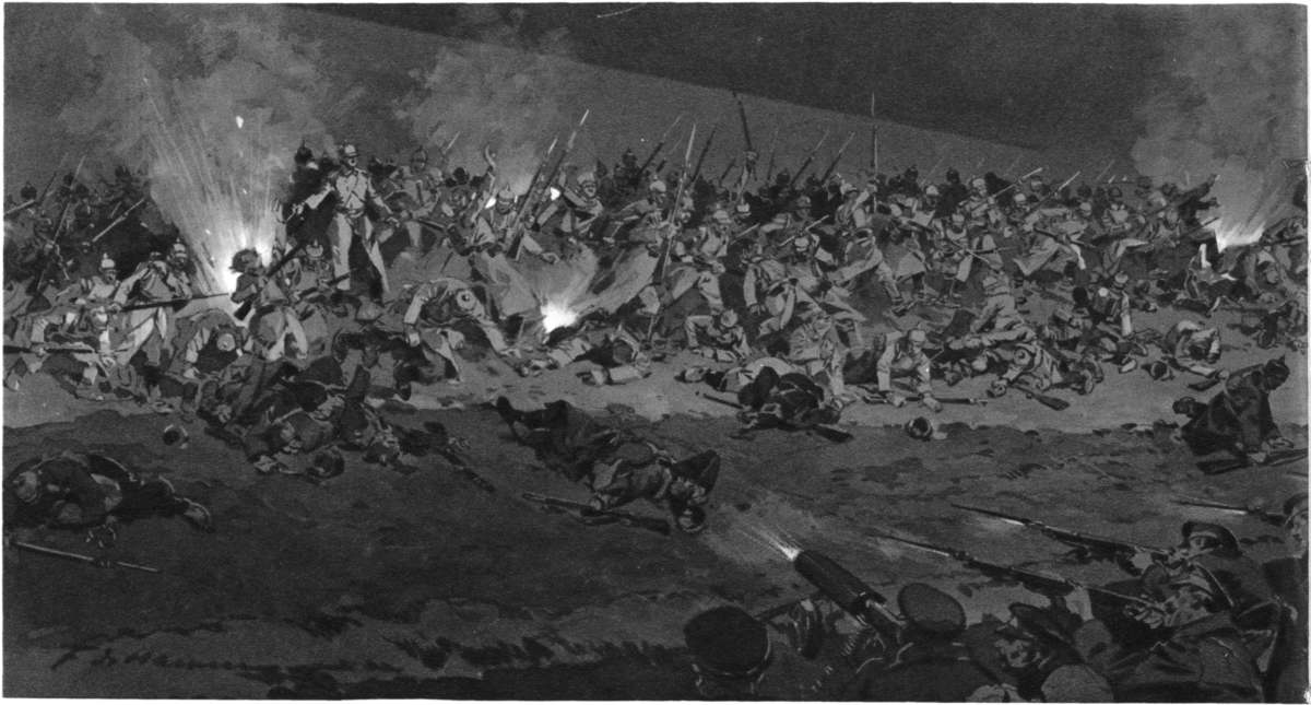 AFTER THE ENEMY HAD BEEN ALLOWED TO COME WITHIN POINT-BLANK RANGE OF THEIR SILENT FOE: (left half)