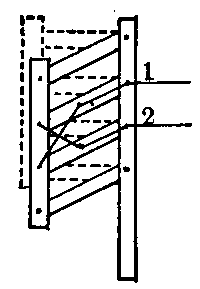 Fig. 42—Simple apparatus for illustrating effect of movements of the ribs upon the thoracic space; strips of cardboard held together by pins, the front part being raised or lowered by threads moving through attachments at 1 and 2. As the front is raised the space between the uprights is increased. The front upright corresponds to the breastbone, the back one to the spinal column, the connecting strips to the ribs, and the threads to the intercostal muscles. Fig. 42