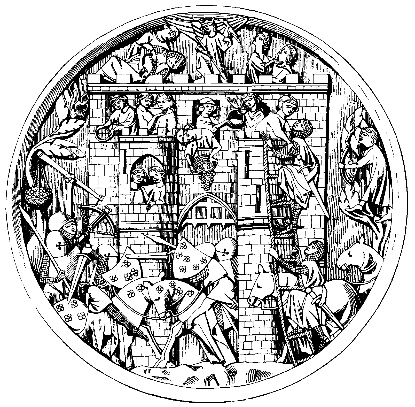 Erstürmung einer Minneburg. Elfenbeinrelief. XIV. Jahrhundert. Illustration: Elfenbeinrelief