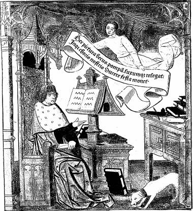 Illustration: L'acteur est assis entouré de livres dans un cabinet de travail, et montre de la main une banderole portée par un ange et comportant ces mots: