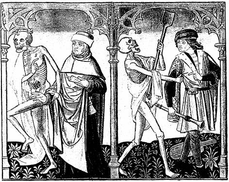 Illustration: De gauche à droite: 1. le mort, l'avocat; 2. le mort, le ménestrier.