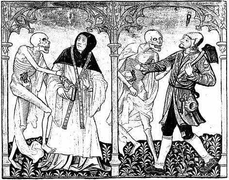 Illustration: De gauche à droite: 1. le mort, le curé; 2. le mort, le laboureur.