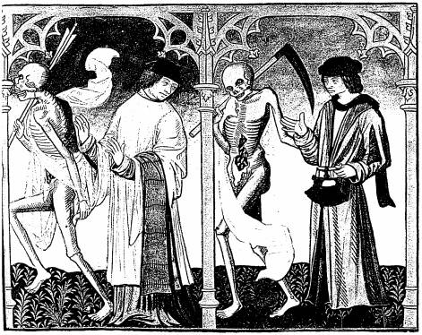 Illustration: De gauche à droite: 1. Le mort, le chanoine; 2. le mort, le marchand.