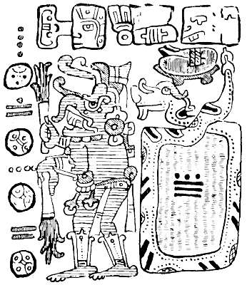 Fig. 12.—Another representation of the Elephant-headed Rain god. He is holding thunderbolts, conventionalised in a hand-like form. The Serpent is converted into a sac, holding up the rain-waters.