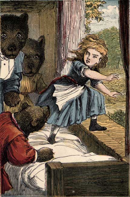 The Bears come home and find Silverlocks on the bed, but she awakes in time and escapes through the window.