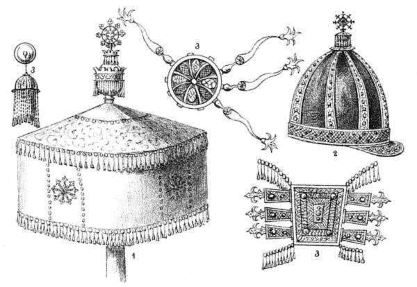 1. Ombrello. 2. Beretto. 3. Ornamenti.