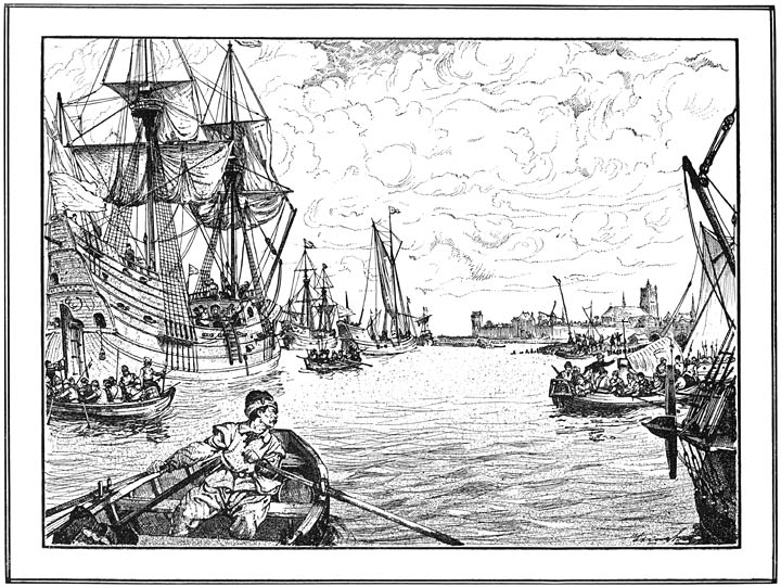 De Watergeuzen voor den Briel.—Koppelstok begeeft zich naar de stad.—1 April 1572. (Bladz. 211.)