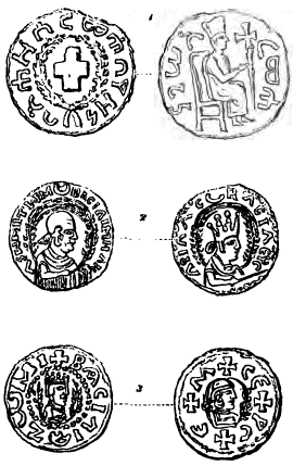 Abessinische Münzen. Nach Rüppell. 1. Kupfermünze des Kaisers Armah (644 bis 658), 2. Goldmünze des Kaisers Aphidas (536 bis 542), 3. Goldmünze des Kaisers Gersemur (603 bis 614). Abessinische Münzen. Nach Rüppell.