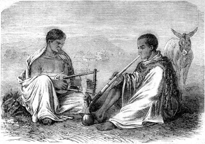 Schangalla vom Mareb, Zither spielend, und Raucher aus Tigrié. Originalzeichnung von Eduard Zander. Schangalla vom Mareb, Zither spielend, und Raucher aus Tigrié