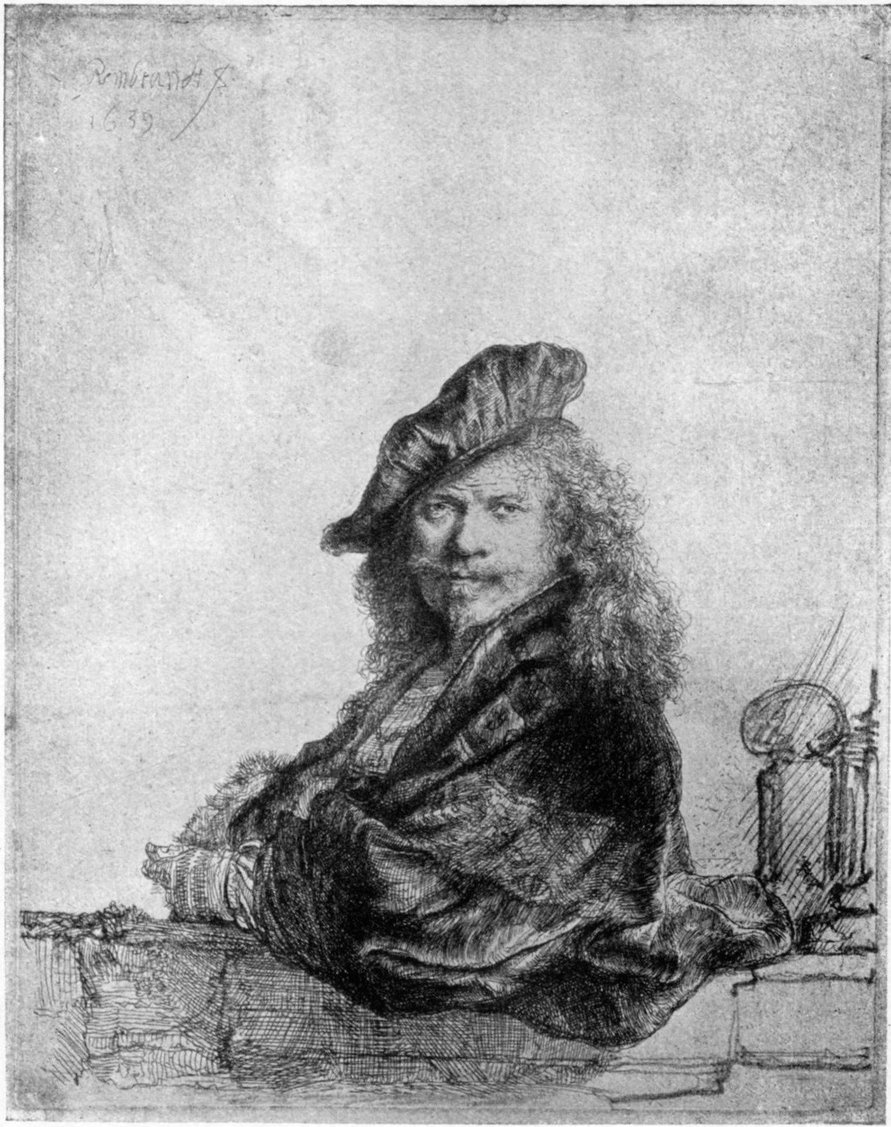 168, I. REMBRANDT LEANING ON A STONE SILL. 1639. B. 21 From an impression touched by the artist in black chalk 168, I. REMBRANDT LEANING ON A STONE SILL. 1639. B. 21 From an impression touched by the artist in black chalk