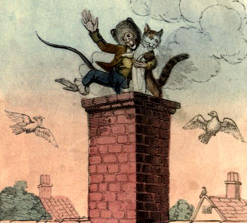 The Monkey jumps onto a chimney