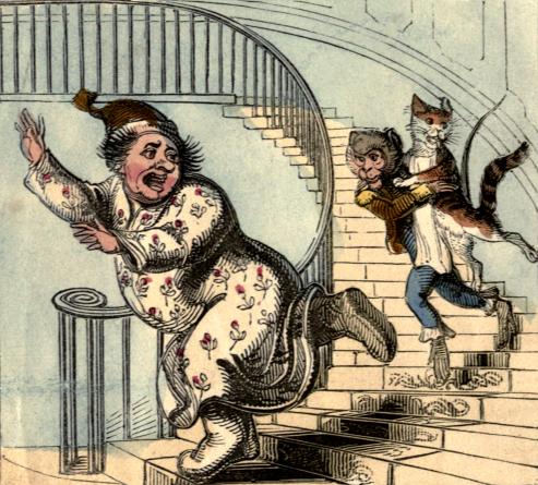 The old gentleman flees from the Monkey and Cat