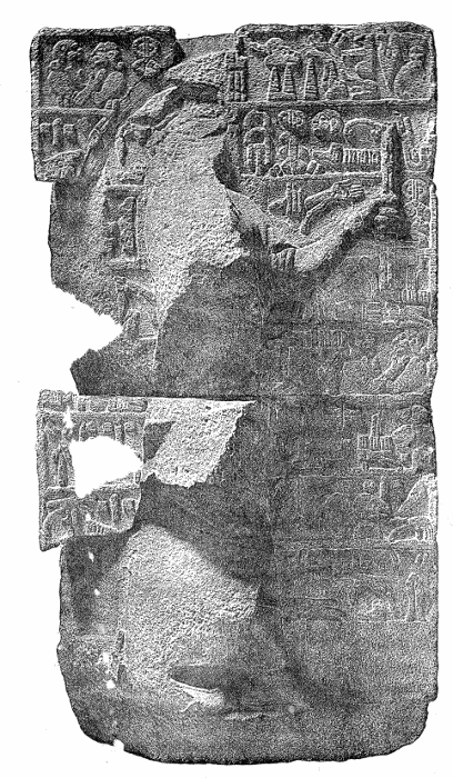 Monument of a Hittite king, accompanied by an inscription in Hittite hieroglyphics, discovered on the site of Carchemish and now in the British Museum. Illustration.