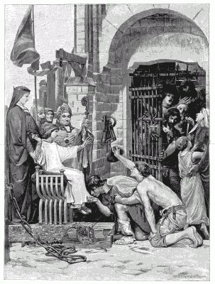 THE YOUNG SAINT-LOUIS AND HIS MOTHER, BLANCHE OF CASTILLE, DELIVERING ECCLESIASTICAL PRISONERS FROM NOTRE-DAME. From a painting by L. O. Merson. THE YOUNG SAINT-LOUIS AND HIS MOTHER, BLANCHE OF CASTILLE, DELIVERING ECCLESIASTICAL PRISONERS FROM NOTRE-DAME. From a painting by L. O. Merson.
