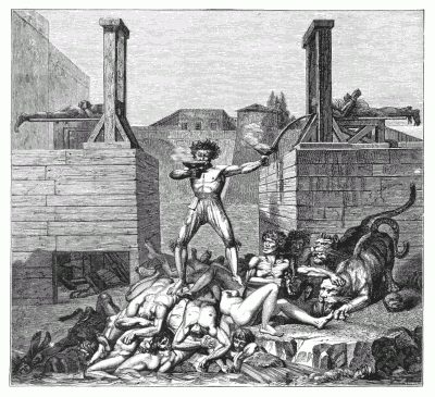 THE "FORMES ACERBES." After a drawing by Lafitte. Expression used by Barère in his defence of Joseph Le Bon: "If Le Bon had employed formes acerbes, he had at least shown his devotion to the Republic." Le Bon caused the execution of more than fifteen hundred persons; it was he who installed an orchestra at the foot of the guillotine. THE "FORMES ACERBES." After a drawing by Lafitte. Expression used by Barère in his defence of Joseph Le Bon: "If Le Bon had employed formes acerbes, he had at least shown his devotion to the Republic." Le Bon caused the execution of more than fifteen hundred persons; it was he who installed an orchestra at the foot of the guillotine.