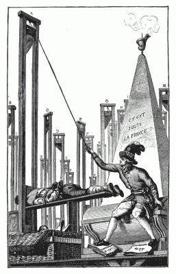 ROBESPIERRE GUILLOTINING THE EXECUTIONER. From an engraving in the collection of M. Félix Perin. "Robespierre, after having had all the French guillotined, beheads the executioner with his own hand." This caricature cost the engraver his life. ROBESPIERRE GUILLOTINING THE EXECUTIONER. From an engraving in the collection of M. Félix Perin. "Robespierre, after having had all the French guillotined, beheads the executioner with his own hand." This caricature cost the engraver his life.