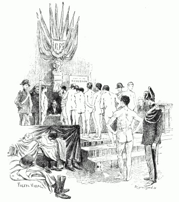 SCENE IN A MAIRIE DURING THE PHYSICAL EXAMINATION OF MILITARY CONSCRIPTS. After a drawing by Pierre Vidal. SCENE IN A MAIRIE DURING THE PHYSICAL EXAMINATION OF MILITARY CONSCRIPTS. After a drawing by Pierre Vidal.