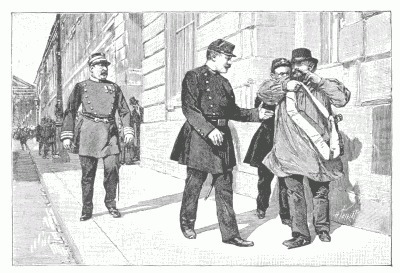 SCENE IN RUE ROYALE DURING THE LABOR MANIFESTATIONS OF MAY FIRST. ARREST OF A SOCIALIST CANDIDATE. After a photograph. SCENE IN RUE ROYALE DURING THE LABOR MANIFESTATIONS OF MAY FIRST. ARREST OF A SOCIALIST CANDIDATE. After a photograph.