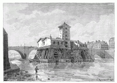 THE PUMPS OF PONT NOTRE-DAME, FROM THE QUAI DE GESVRES, AS THEY APPEARED IN 1861. THEY WERE DEMOLISHED IN 1866. From a drawing by H. Toussaint, after a contemporary engraving. THE PUMPS OF PONT NOTRE-DAME, FROM THE QUAI DE GESVRES, AS THEY APPEARED IN 1861. THEY WERE DEMOLISHED IN 1866. From a drawing by H. Toussaint, after a contemporary engraving.