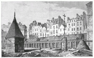 ANCIENT CEMETERY DES INNOCENTS, IN THE RUE AUX FERS, 1780, SHOWING THE CHARNIERS FULL OF SKULLS. After a design by Bernier. The accumulation of human remains, during eight or nine centuries, in this place had become so great and evil that, in 1786, they were all transferred to the Catacombs, and a market was erected on this spot. ANCIENT CEMETERY DES INNOCENTS, IN THE RUE AUX FERS, 1780, SHOWING THE CHARNIERS FULL OF SKULLS. After a design by Bernier. The accumulation of human remains, during eight or nine centuries, in this place had become so great and evil that, in 1786, they were all transferred to the Catacombs, and a market was erected on this spot.