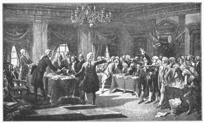 Signing The Declaration Of Independence. "Proclaim liberty throughout all the land unto all the inhabitants thereof." Lev. 25:10. Illustration.