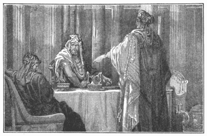 Esther At The Banquet. "We are sold, I and my people, to be destroyed, to be slain, and to perish." Esther 7:4. Illustration.