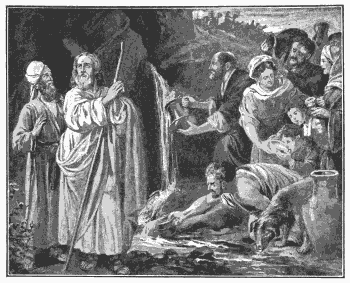 Moses Smiting The Rock. "They drank of that spiritual Rock that followed them." 1 Cor. 10:4. Illustration.