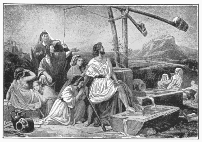 Moses Defending The Maidens. "But Moses stood up and helped them, and watered their flock." Ex. 2:17. Illustration.