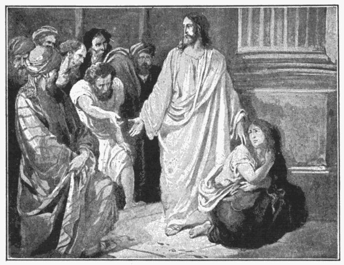 The Pharisees Accusing The Woman. "He that is without sin among you, let him first cast a stone at her." John 8:7. Illustration.